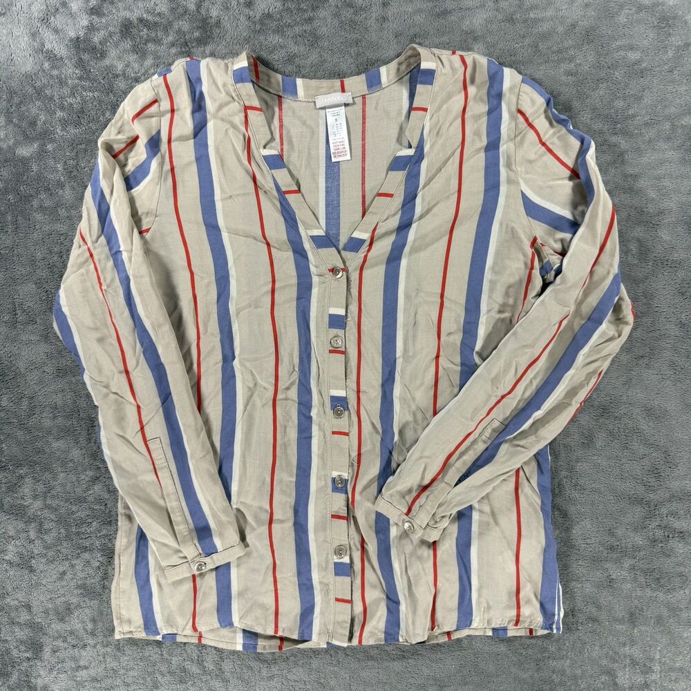Hanro Striped Button Up Shirt‎ Top Blouse Size Small Beige Red Blue